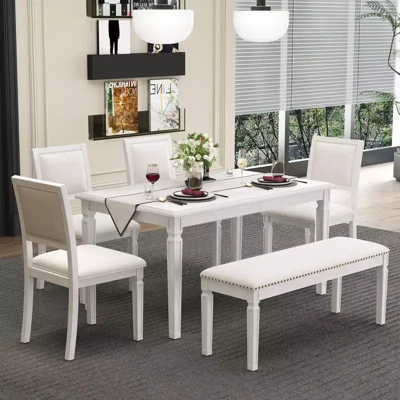 Set tavolo da pranzo vintage e set tavolo da cucina rustico per 6 persone con 4 sedie e panca e gambe intagliate in stile retrò