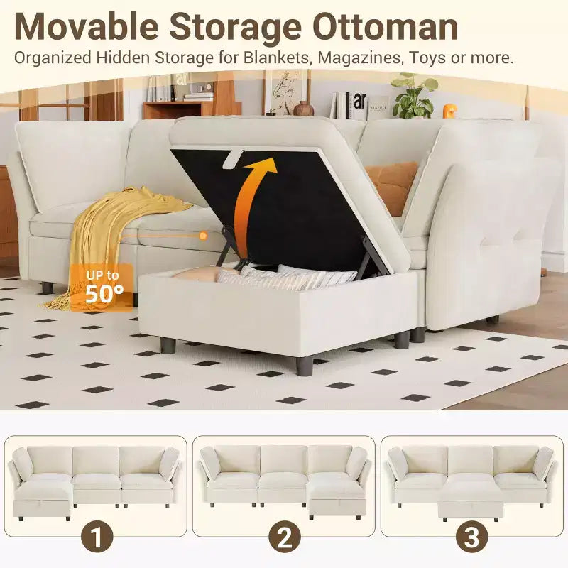 Divano a L da 97 pollici, divano componibile modulare imbottito con pouf contenitore, divano letto profondo per soggiorno, ufficio e appartamento