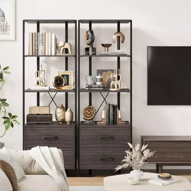 Libreria a 3 livelli, Organizzatore portaoggetti per libri, Libreria in legno con 2 cassetti, Scaffale espositivo industriale per ufficio, camera da letto, soggiorno, Marrone