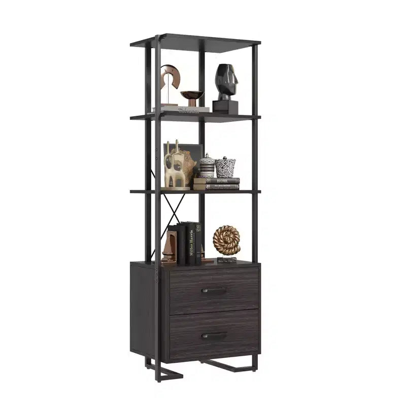 Libreria a 3 livelli, Organizzatore portaoggetti per libri, Libreria in legno con 2 cassetti, Scaffale espositivo industriale per ufficio, camera da letto, soggiorno, Marrone