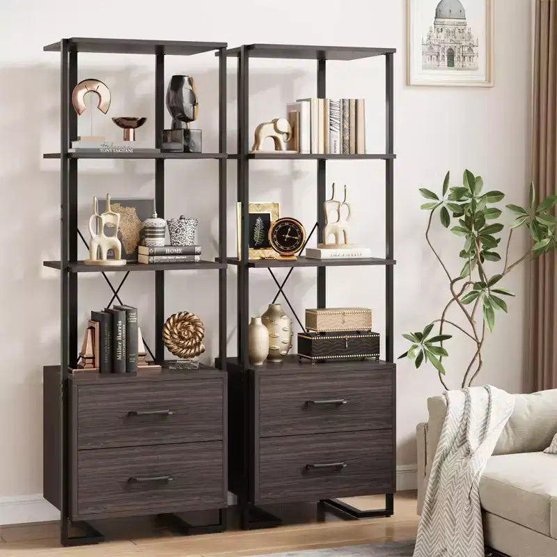 Libreria a 3 livelli, Organizzatore portaoggetti per libri, Libreria in legno con 2 cassetti, Scaffale espositivo industriale per ufficio, camera da letto, soggiorno, Marrone