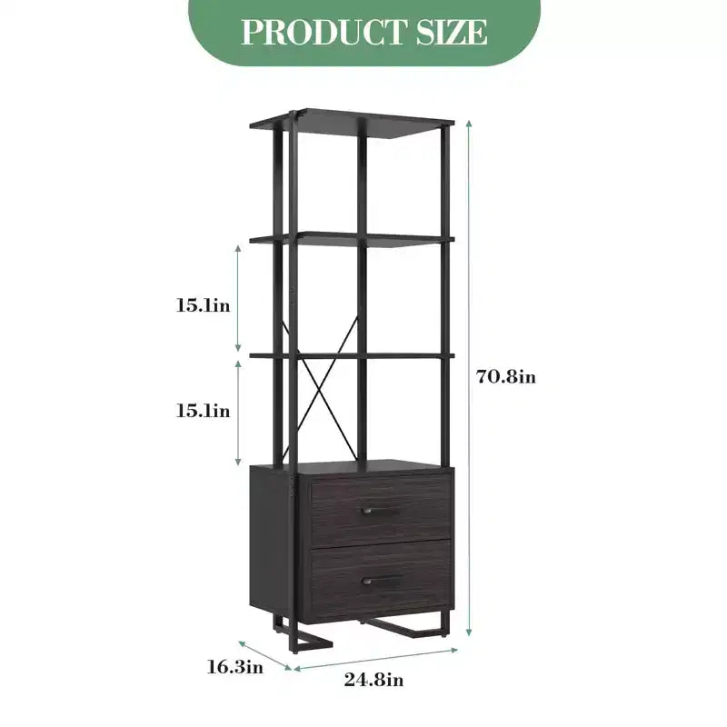Libreria a 3 livelli, Organizzatore portaoggetti per libri, Libreria in legno con 2 cassetti, Scaffale espositivo industriale per ufficio, camera da letto, soggiorno, Marrone