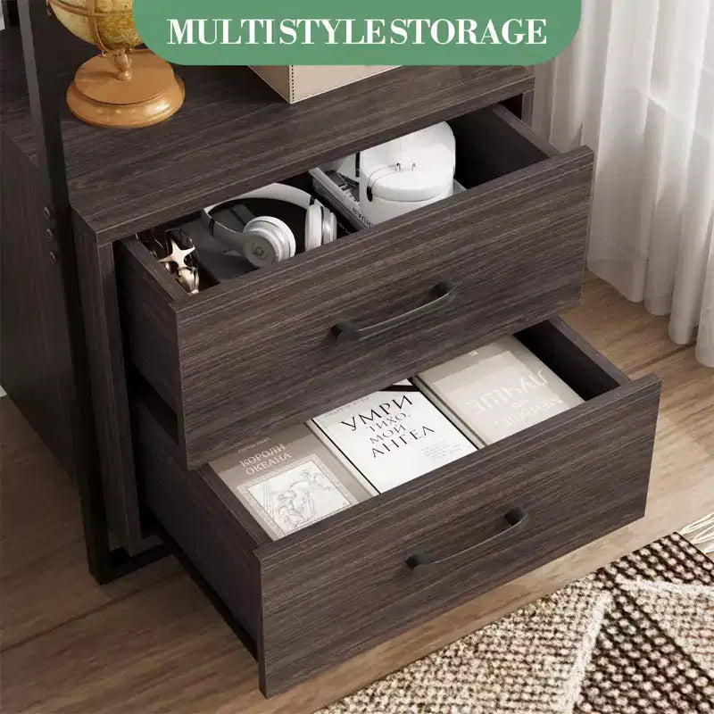 Libreria a 3 livelli, Organizzatore portaoggetti per libri, Libreria in legno con 2 cassetti, Scaffale espositivo industriale per ufficio, camera da letto, soggiorno, Marrone