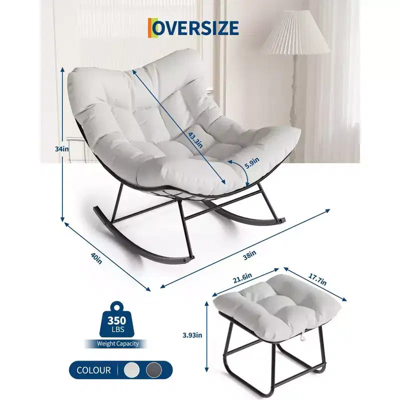 Poltrona Lounge Oversize con Poggiapiedi, Sedia a Dondolo Papasan da Esterno con Pouf e Robusto Telaio in Metallo, Dondolo a Uovo in Rattan da Giardino