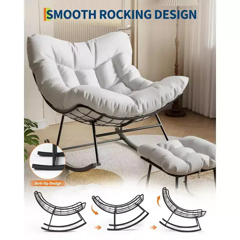 Poltrona Lounge Oversize con Poggiapiedi, Sedia a Dondolo Papasan da Esterno con Pouf e Robusto Telaio in Metallo, Dondolo a Uovo in Rattan da Giardino