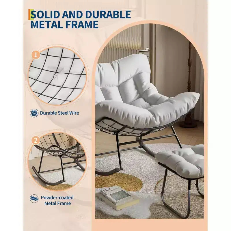 Poltrona Lounge Oversize con Poggiapiedi, Sedia a Dondolo Papasan da Esterno con Pouf e Robusto Telaio in Metallo, Dondolo a Uovo in Rattan da Giardino