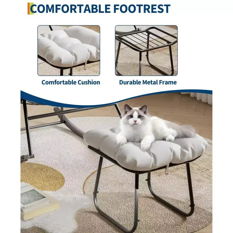 Poltrona Lounge Oversize con Poggiapiedi, Sedia a Dondolo Papasan da Esterno con Pouf e Robusto Telaio in Metallo, Dondolo a Uovo in Rattan da Giardino