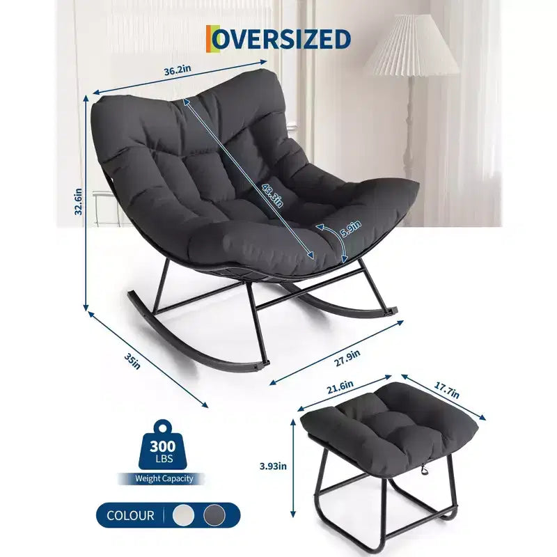 Poltrona Lounge Oversize con Poggiapiedi, Sedia a Dondolo Papasan da Esterno con Pouf e Robusto Telaio in Metallo, Dondolo a Uovo in Rattan da Giardino