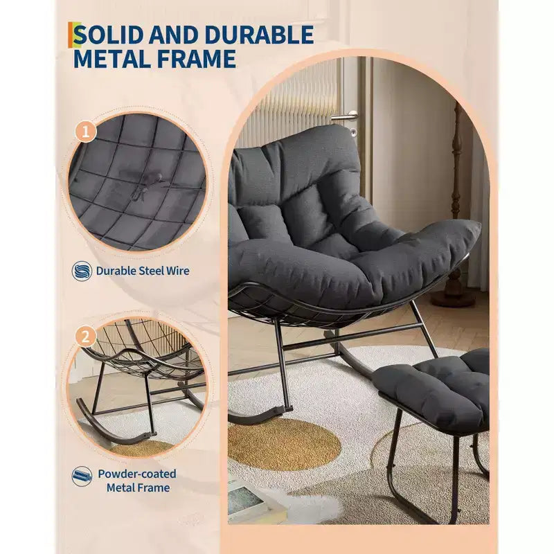 Poltrona Lounge Oversize con Poggiapiedi, Sedia a Dondolo Papasan da Esterno con Pouf e Robusto Telaio in Metallo, Dondolo a Uovo in Rattan da Giardino
