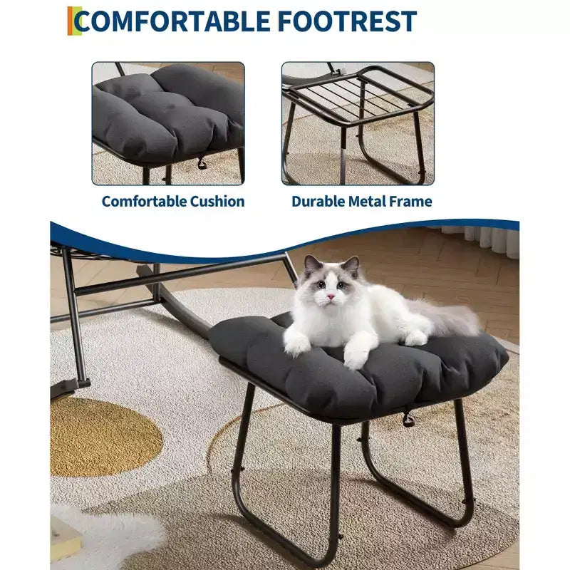 Poltrona Lounge Oversize con Poggiapiedi, Sedia a Dondolo Papasan da Esterno con Pouf e Robusto Telaio in Metallo, Dondolo a Uovo in Rattan da Giardino