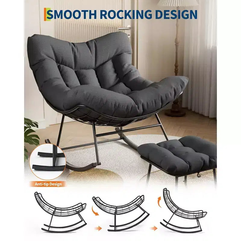 Poltrona Lounge Oversize con Poggiapiedi, Sedia a Dondolo Papasan da Esterno con Pouf e Robusto Telaio in Metallo, Dondolo a Uovo in Rattan da Giardino