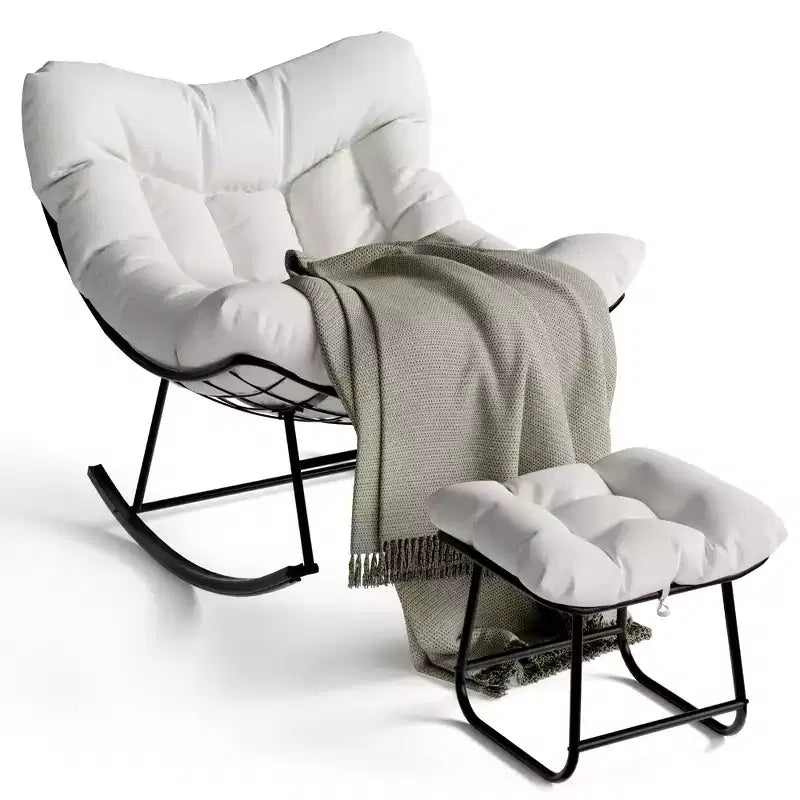 Poltrona Lounge Oversize con Poggiapiedi, Sedia a Dondolo Papasan da Esterno con Pouf e Robusto Telaio in Metallo, Dondolo a Uovo in Rattan da Giardino