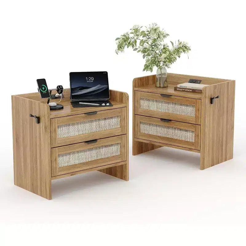 Set di 2 comodini in vimini con stazione di ricarica Type-C, tavolino da notte Boho con 2 cassetti per camera da letto