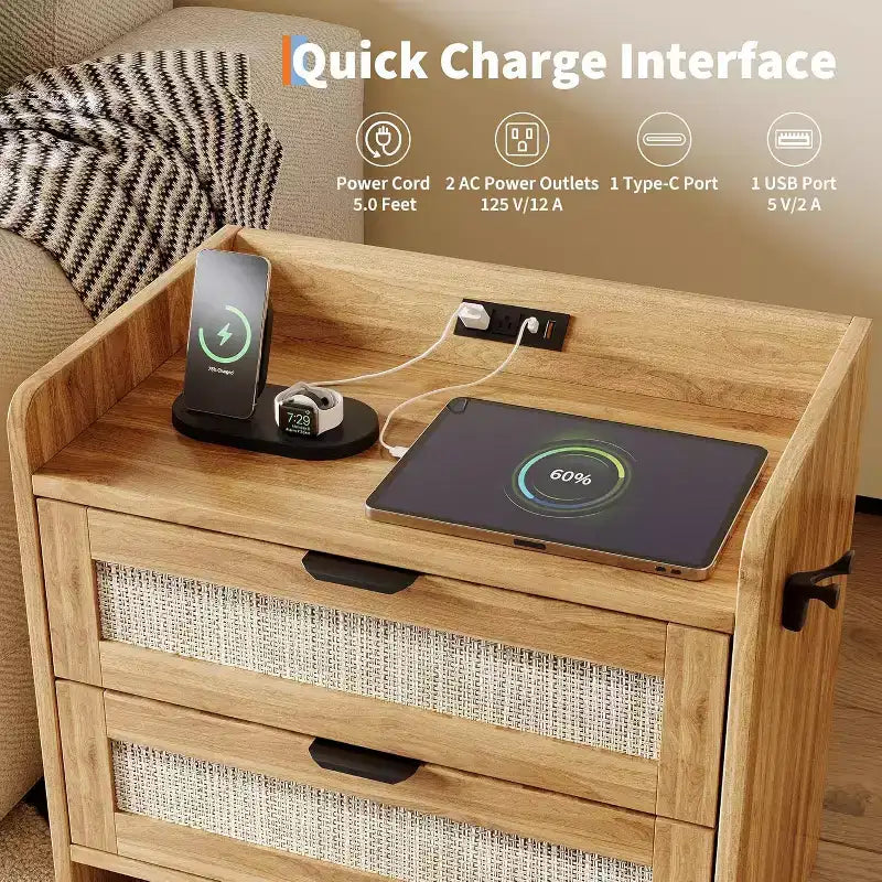 Set di 2 comodini in vimini con stazione di ricarica Type-C, tavolino da notte Boho con 2 cassetti per camera da letto