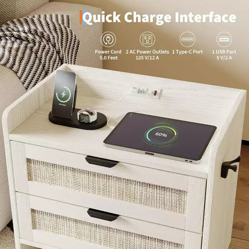 Set di 2 comodini in vimini con stazione di ricarica Type-C, tavolino da notte Boho con 2 cassetti per camera da letto