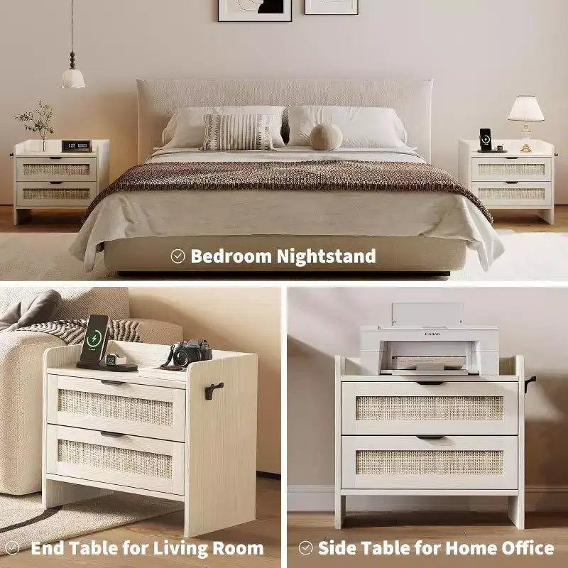 Set di 2 comodini in vimini con stazione di ricarica Type-C, tavolino da notte Boho con 2 cassetti per camera da letto