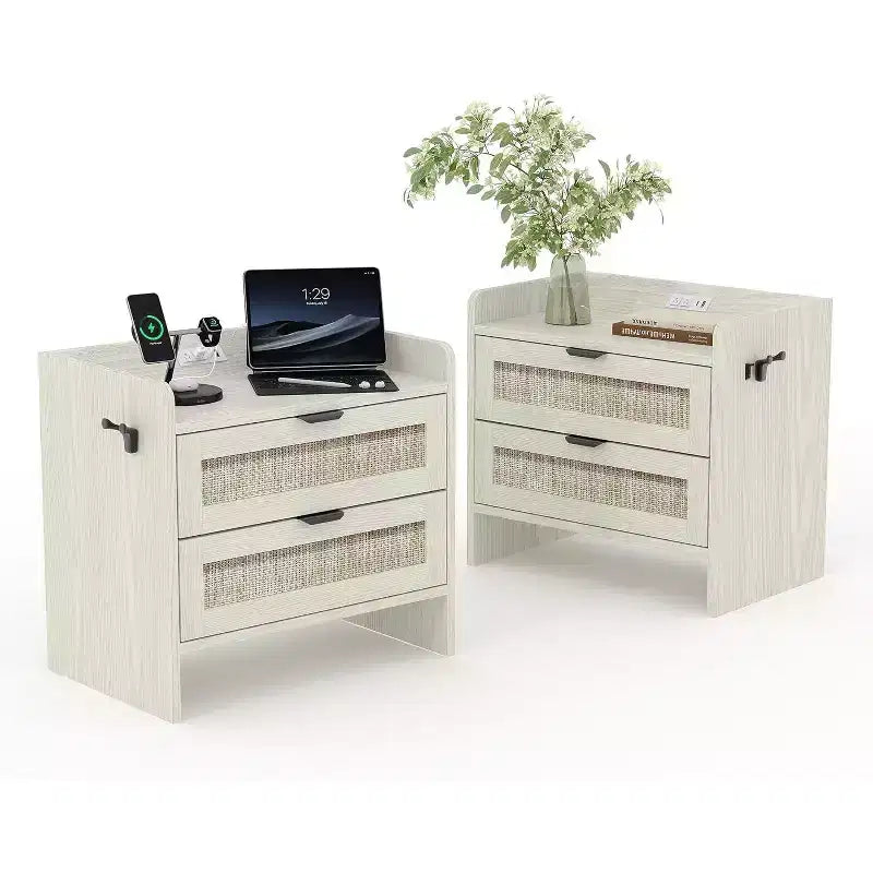 Set di 2 comodini in vimini con stazione di ricarica Type-C, tavolino da notte Boho con 2 cassetti per camera da letto