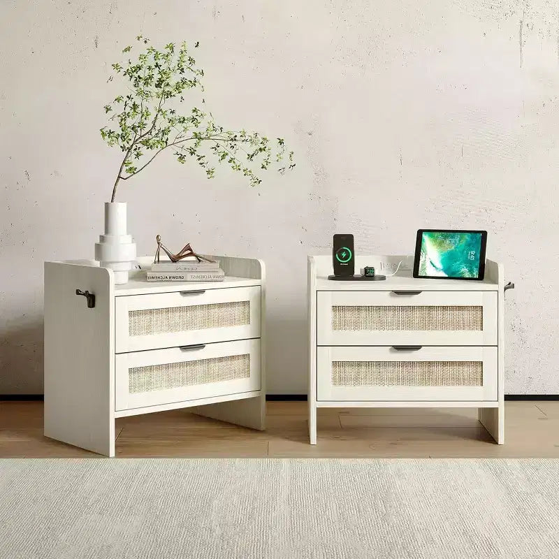 Set di 2 comodini in vimini con stazione di ricarica Type-C, tavolino da notte Boho con 2 cassetti per camera da letto