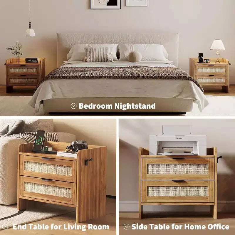 Set di 2 comodini in vimini con stazione di ricarica Type-C, tavolino da notte Boho con 2 cassetti per camera da letto