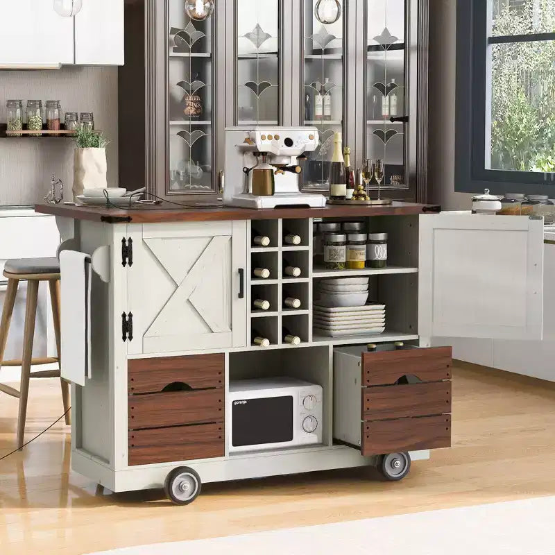 Isola da cucina con piano a ribalta e presa di corrente, Organizer da appoggio con 2 ante, 2 cassetti, Carrello da cucina per Cucina, Sala da pranzo