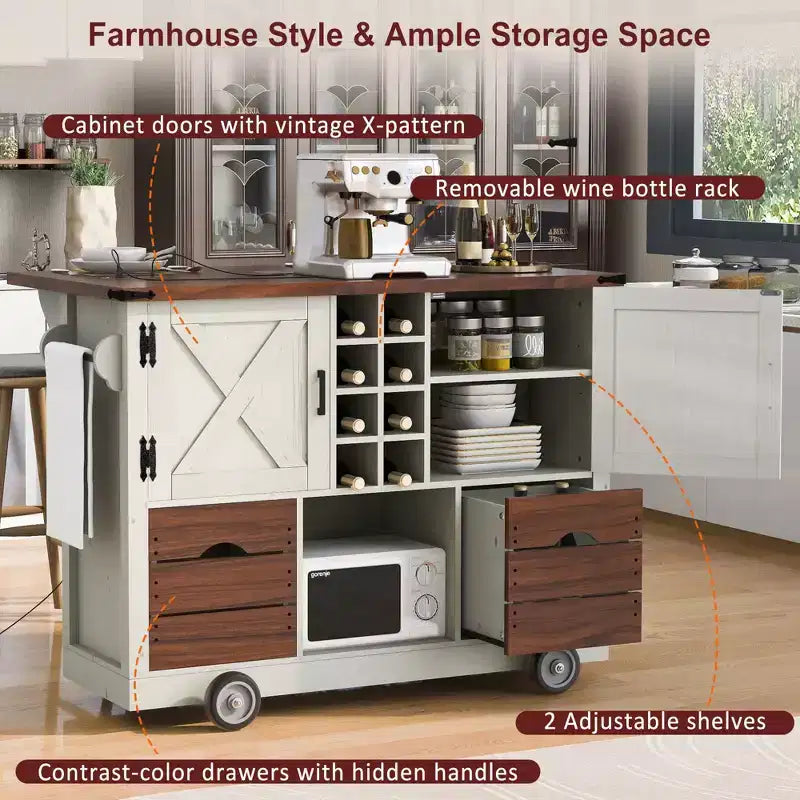 Isola da cucina con piano a ribalta e presa di corrente, Organizer da appoggio con 2 ante, 2 cassetti, Carrello da cucina per Cucina, Sala da pranzo