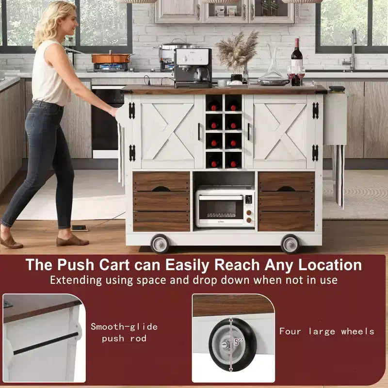 Isola da cucina con piano a ribalta e presa di corrente, Organizer da appoggio con 2 ante, 2 cassetti, Carrello da cucina per Cucina, Sala da pranzo