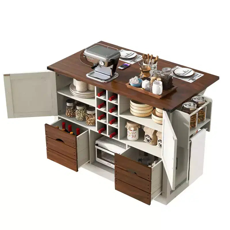 Isola da cucina con piano a ribalta e presa di corrente, Organizer da appoggio con 2 ante, 2 cassetti, Carrello da cucina per Cucina, Sala da pranzo