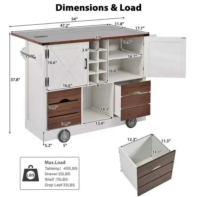 Isola da cucina con piano a ribalta e presa di corrente, Organizer da appoggio con 2 ante, 2 cassetti, Carrello da cucina per Cucina, Sala da pranzo