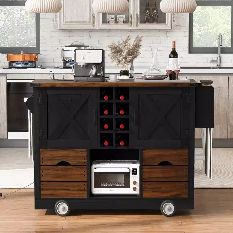 Isola da cucina con piano a ribalta e presa di corrente, Organizer da appoggio con 2 ante, 2 cassetti, Carrello da cucina per Cucina, Sala da pranzo