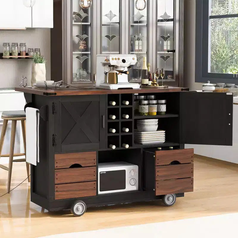 Isola da cucina con piano a ribalta e presa di corrente, Organizer da appoggio con 2 ante, 2 cassetti, Carrello da cucina per Cucina, Sala da pranzo