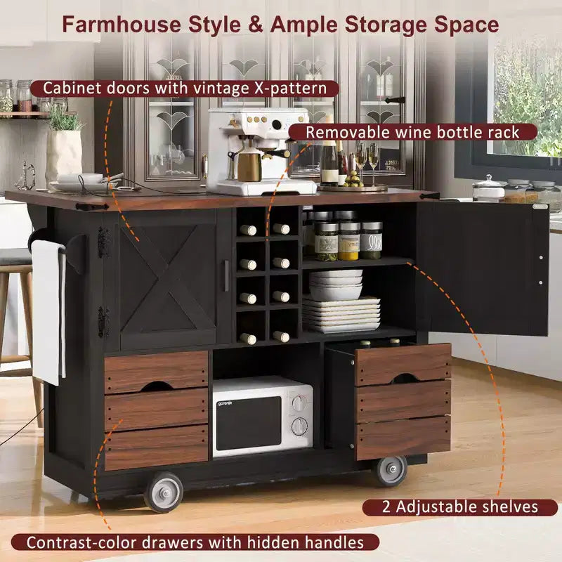 Isola da cucina con piano a ribalta e presa di corrente, Organizer da appoggio con 2 ante, 2 cassetti, Carrello da cucina per Cucina, Sala da pranzo