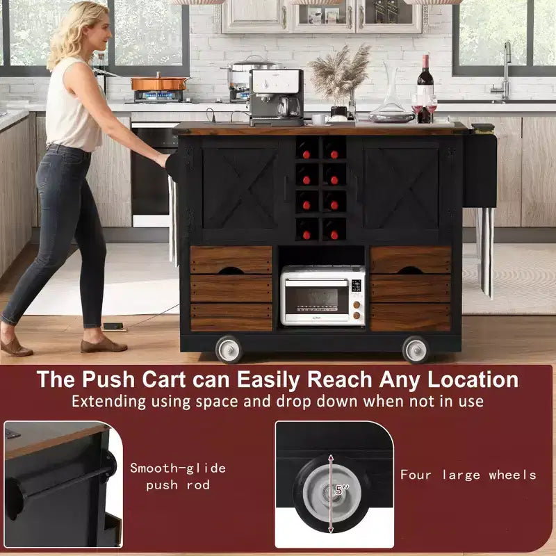 Isola da cucina con piano a ribalta e presa di corrente, Organizer da appoggio con 2 ante, 2 cassetti, Carrello da cucina per Cucina, Sala da pranzo