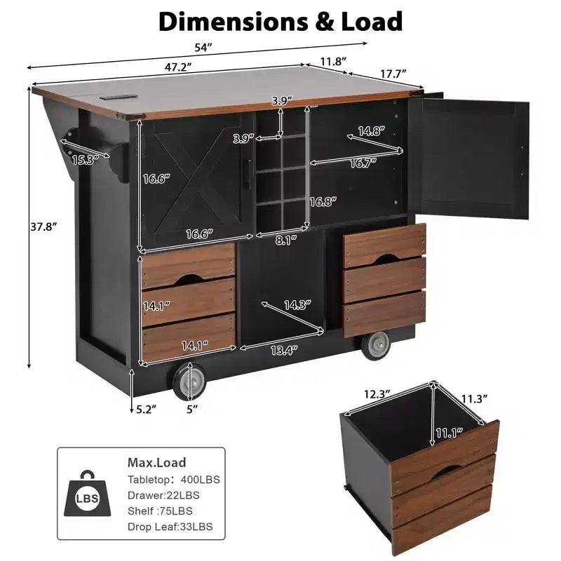 Isola da cucina con piano a ribalta e presa di corrente, Organizer da appoggio con 2 ante, 2 cassetti, Carrello da cucina per Cucina, Sala da pranzo