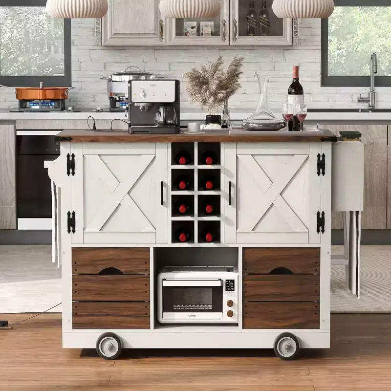 Isola da cucina con piano a ribalta e presa di corrente, Organizer da appoggio con 2 ante, 2 cassetti, Carrello da cucina per Cucina, Sala da pranzo