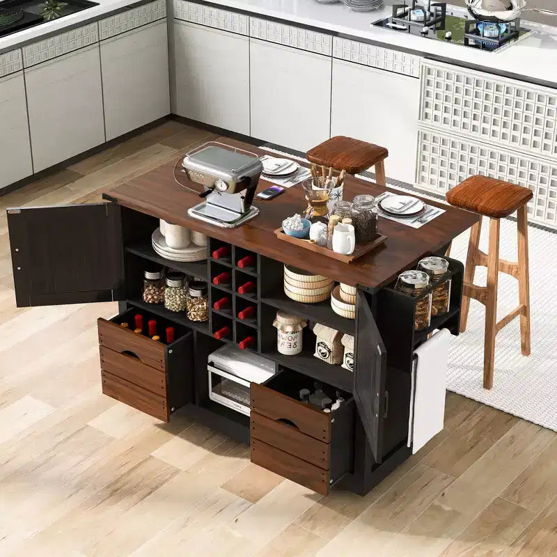 Isola da cucina con piano a ribalta e presa di corrente, Organizer da appoggio con 2 ante, 2 cassetti, Carrello da cucina per Cucina, Sala da pranzo