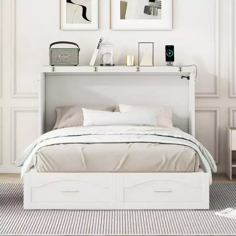 Letto a scomparsa Murphy matrimoniale/queen con cassetti portaoggetti, cassettone letto a scomparsa Murphy in legno con prese e porte USB, design con struttura a puleggia