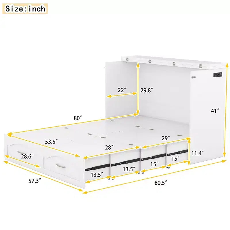 Letto a scomparsa Murphy matrimoniale/queen con cassetti portaoggetti, cassettone letto a scomparsa Murphy in legno con prese e porte USB, design con struttura a puleggia