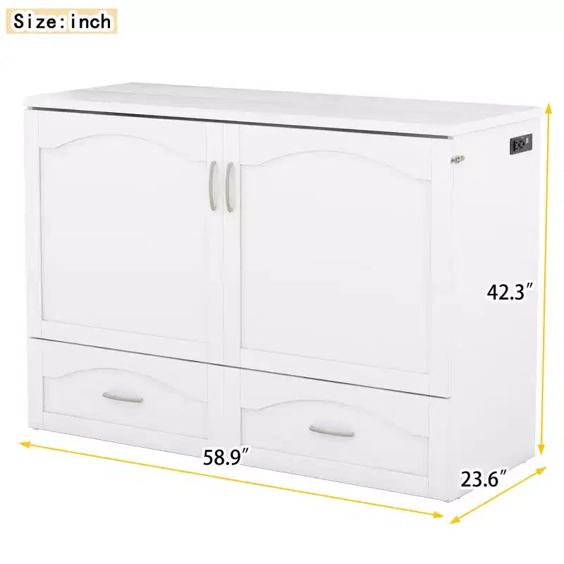 Letto a scomparsa Murphy matrimoniale/queen con cassetti portaoggetti, cassettone letto a scomparsa Murphy in legno con prese e porte USB, design con struttura a puleggia