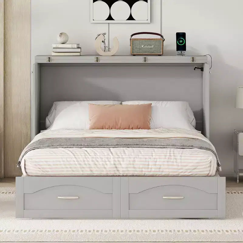 Letto a scomparsa Murphy matrimoniale/queen con cassetti portaoggetti, cassettone letto a scomparsa Murphy in legno con prese e porte USB, design con struttura a puleggia