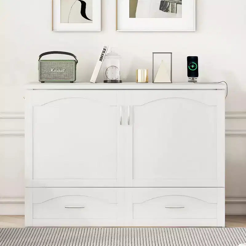 Letto a scomparsa Murphy matrimoniale/queen con cassetti portaoggetti, cassettone letto a scomparsa Murphy in legno con prese e porte USB, design con struttura a puleggia