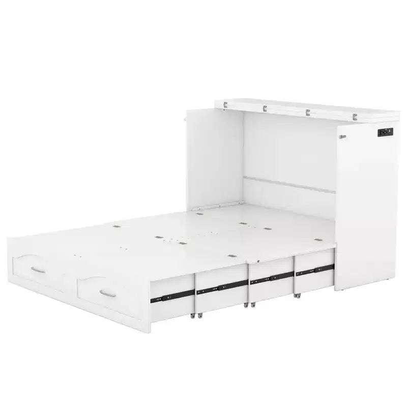 Letto a scomparsa Murphy matrimoniale/queen con cassetti portaoggetti, cassettone letto a scomparsa Murphy in legno con prese e porte USB, design con struttura a puleggia