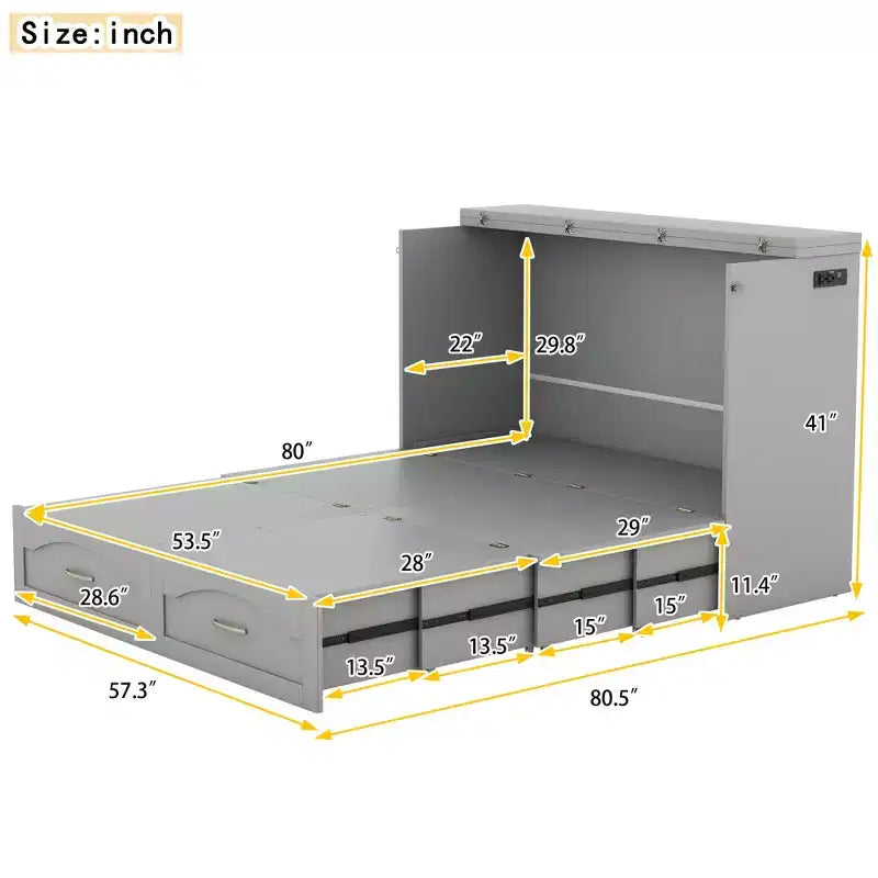 Letto a scomparsa Murphy matrimoniale/queen con cassetti portaoggetti, cassettone letto a scomparsa Murphy in legno con prese e porte USB, design con struttura a puleggia