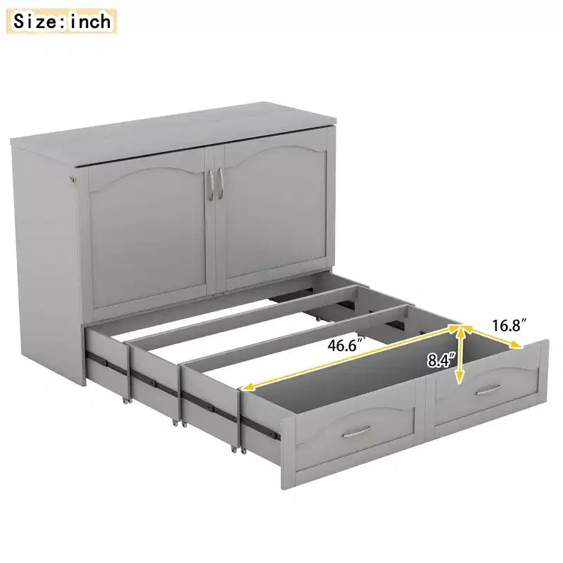 Letto a scomparsa Murphy matrimoniale/queen con cassetti portaoggetti, cassettone letto a scomparsa Murphy in legno con prese e porte USB, design con struttura a puleggia