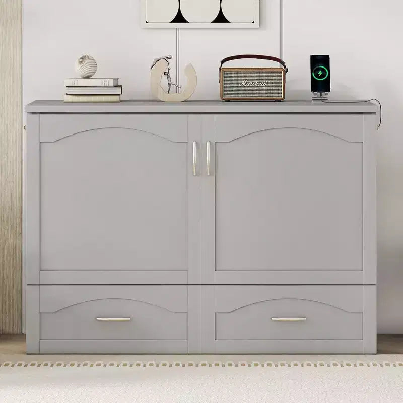 Letto a scomparsa Murphy matrimoniale/queen con cassetti portaoggetti, cassettone letto a scomparsa Murphy in legno con prese e porte USB, design con struttura a puleggia