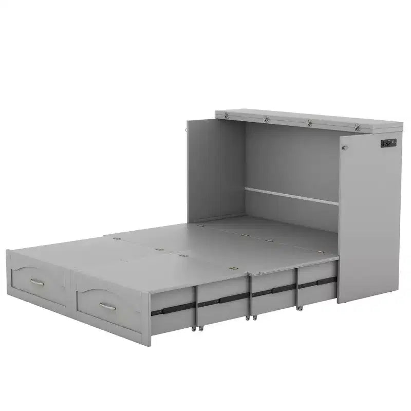 Letto a scomparsa Murphy matrimoniale/queen con cassetti portaoggetti, cassettone letto a scomparsa Murphy in legno con prese e porte USB, design con struttura a puleggia