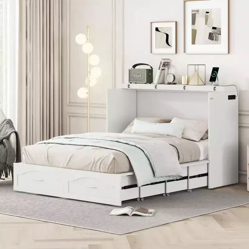 Letto a scomparsa Murphy matrimoniale/queen con cassetti portaoggetti, cassettone letto a scomparsa Murphy in legno con prese e porte USB, design con struttura a puleggia