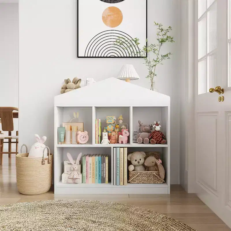 Libreria a 5 scomparti, Scaffale per bambini, Armadietto a forma di casetta per bambini, per sala giochi, cameretta, stanza dei bambini