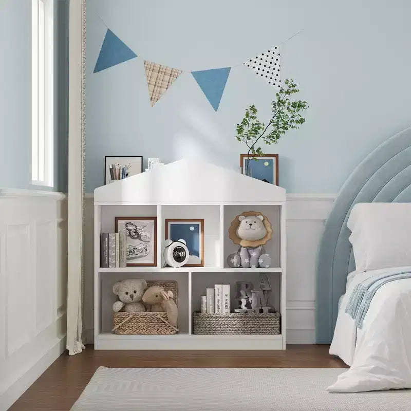Libreria a 5 scomparti, Scaffale per bambini, Armadietto a forma di casetta per bambini, per sala giochi, cameretta, stanza dei bambini