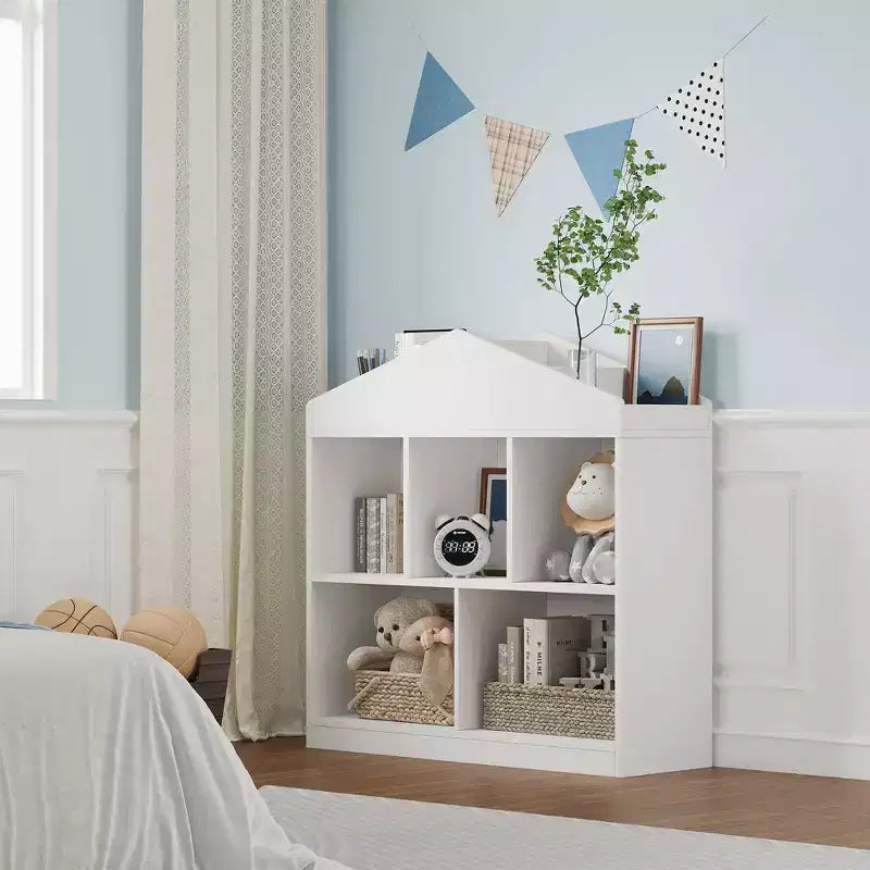 Libreria a 5 scomparti, Scaffale per bambini, Armadietto a forma di casetta per bambini, per sala giochi, cameretta, stanza dei bambini