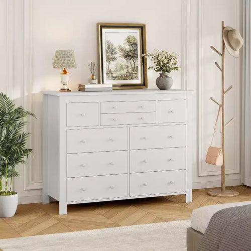 Comò a 10 cassetti per camera da letto, cassettiera moderna in legno con texture naturale
